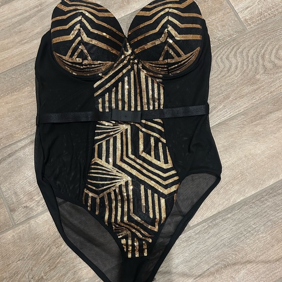 Black Fuchsia Secret Lace Womens Sequin Panel Bodysuit Size Large Art Deco New - Picture 3 of 12